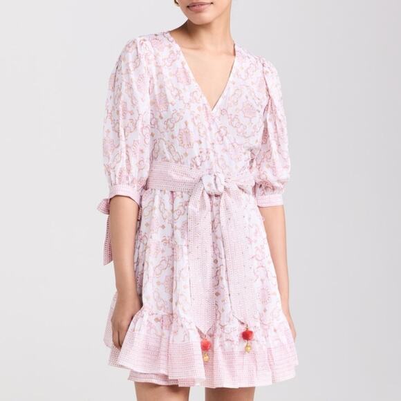 Bell by Alicia Bell Lucy Pink Gold Motif White Puff Sleeves Wrap Mini Dress XS - Picture 16 of 16